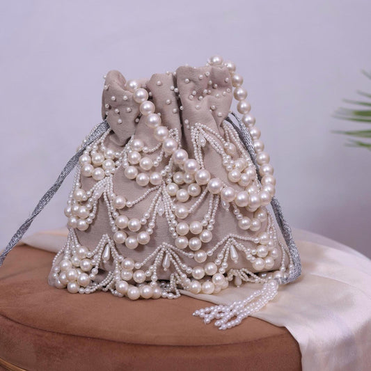 Luxury Pearl Beaded Potli Bag -Both Side| Handcrafted Beige Evening Clutch | Indian Wedding Purse | Bridal Party Bag | Handmade Gift for Her