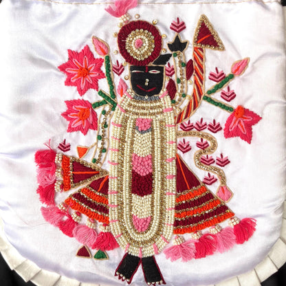 Hand Embroidered Shrinathji Potli Bag | White Pearl Beaded Bridal Drawstring Pouch for Weddings & Festive Wear