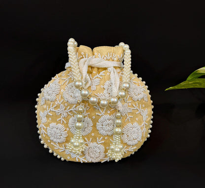 Beige Zardosi Potli Bag: Beaded Pearl Handle, Wedding Favor