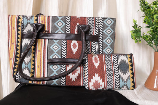 Multicolor Tribal Tote Bag with Zipper Pouch | Handmade Boho Fabric Shoulder Bag for Work, Travel & Everyday Use