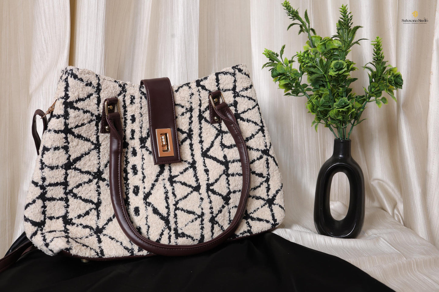 Black & Ivory Textured Tote Bag with Lock Closure | Handmade Geometric Fabric Shoulder Bag with Zipper Pouch