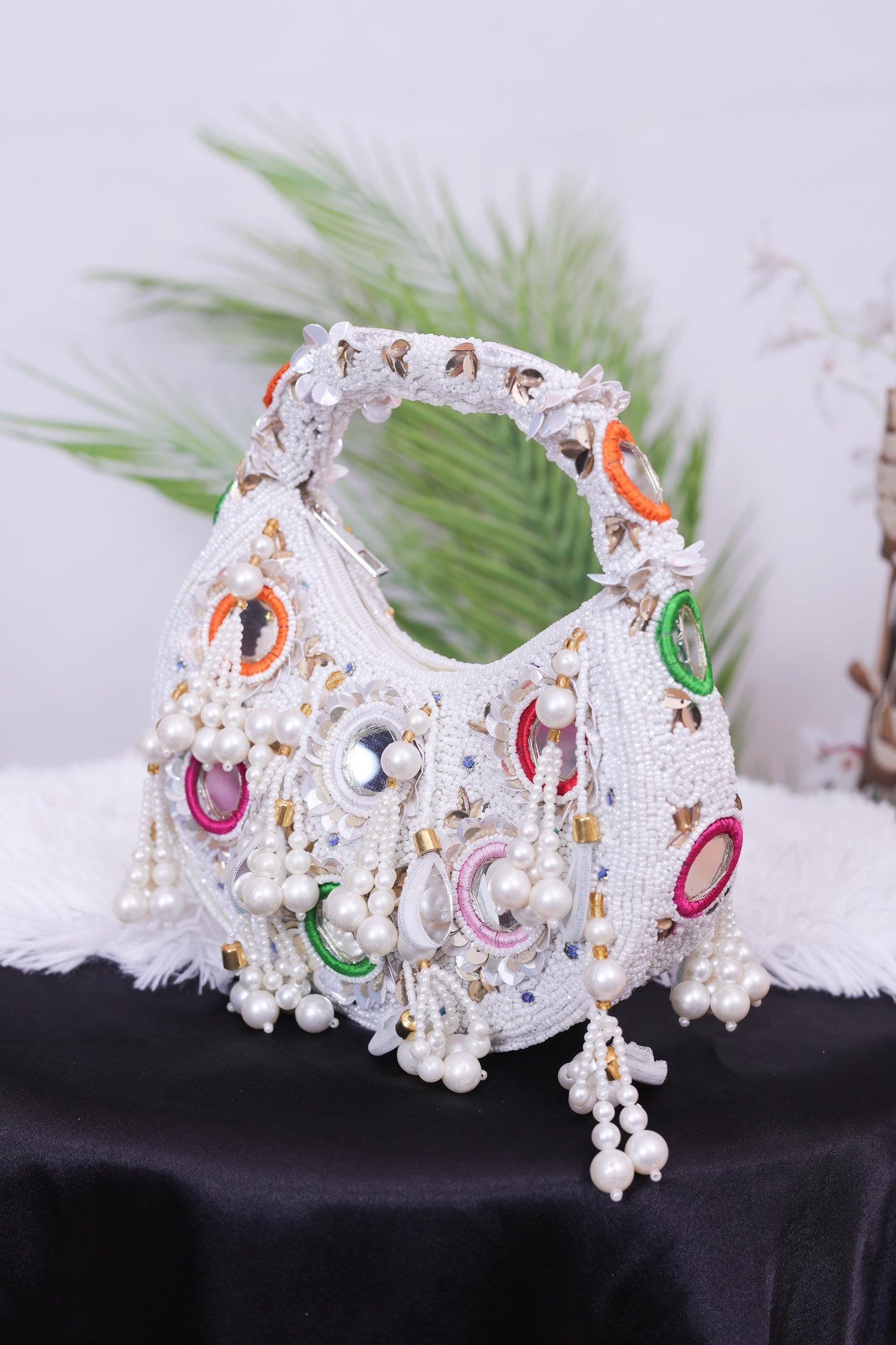 Statement Pearl Beaded Handbag – Designer Embellished Party Clutch with Tassels