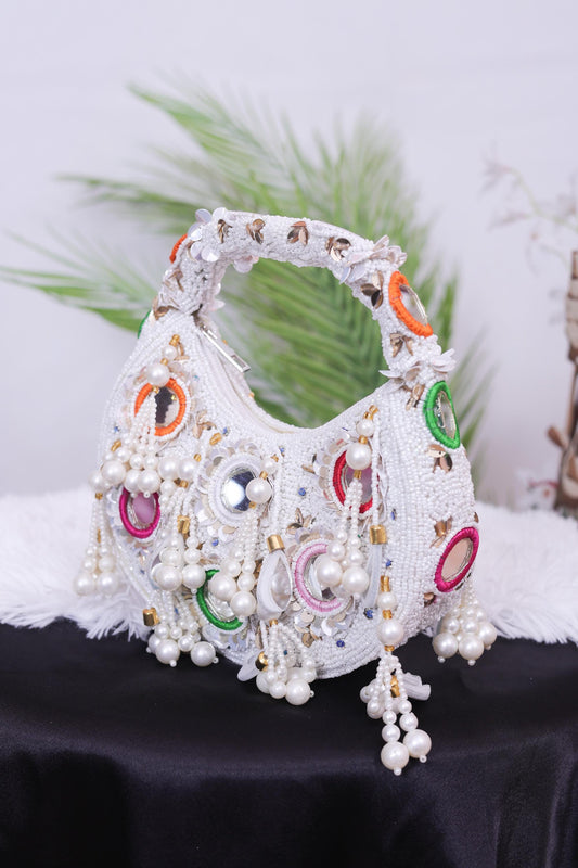 Statement Pearl Beaded Handbag – Designer Embellished Party Clutch with Tassels