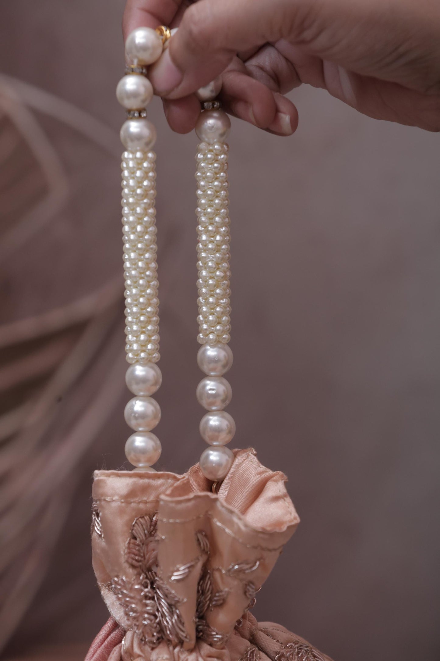 Luxury peach Gold Embroidered Pearl Handle Potli Bag – Bridal Wedding Clutch Purse