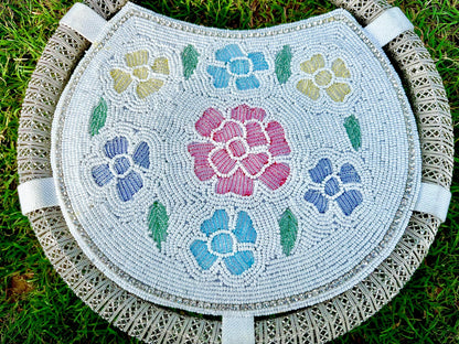 Handmade Beaded Floral Round Handbag with Metal Handle – Vintage Style Evening Bag