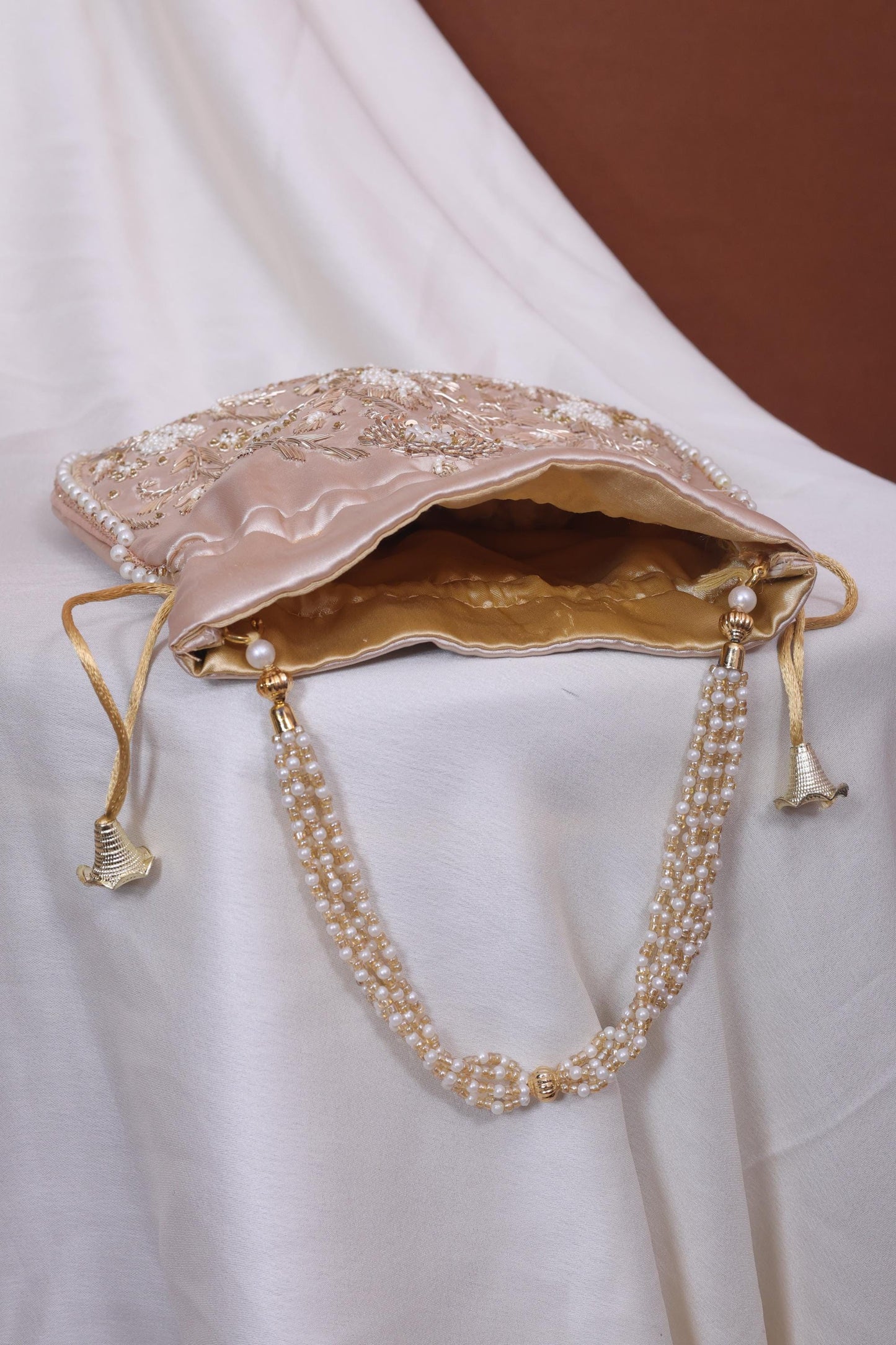 Champagne Gold Pearl Handle Embroidered Potli Bag