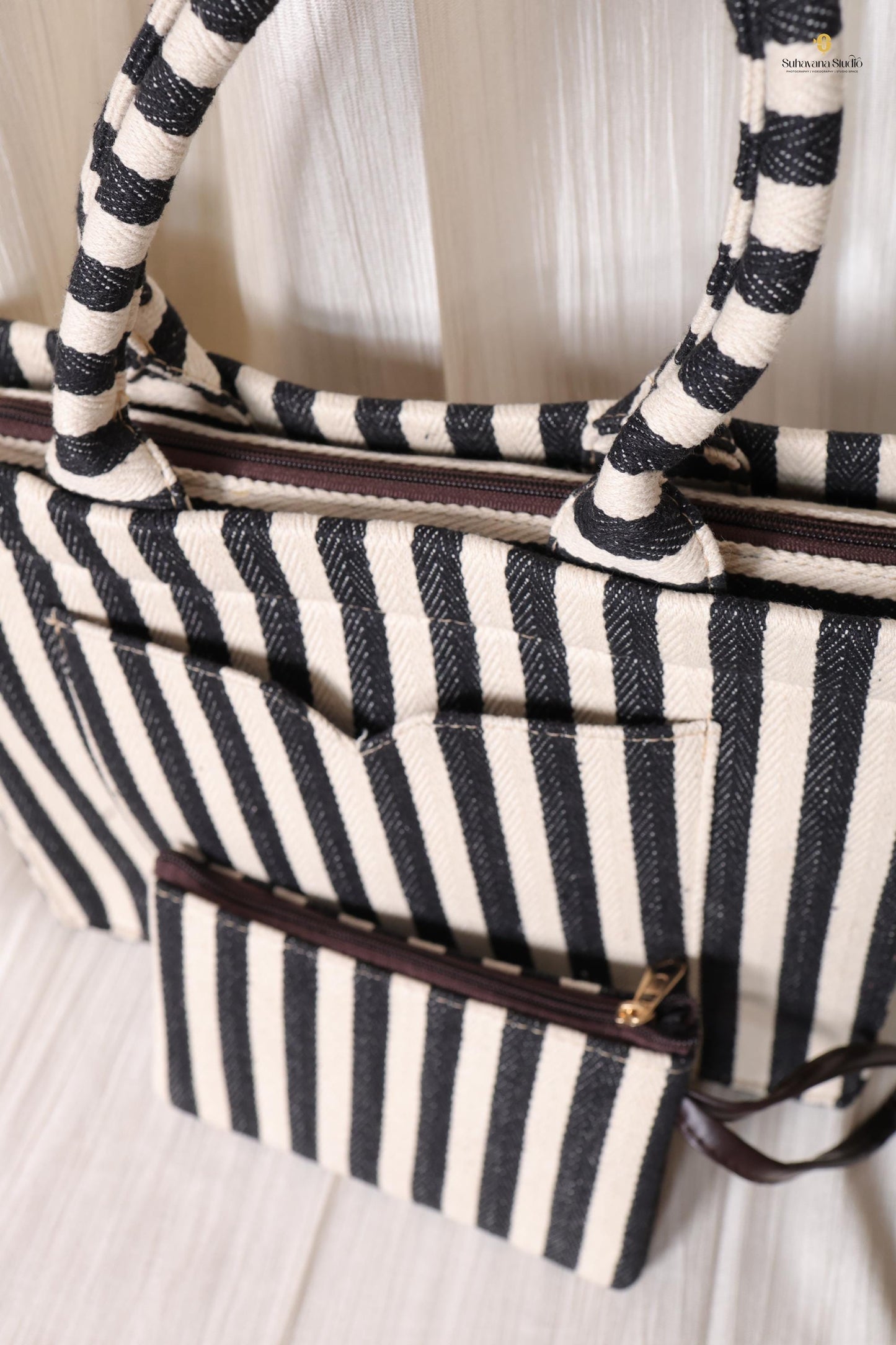 Handcrafted Black & Ivory Striped Tote Bag with Pouch for Everyday Use | Ayaana Creations