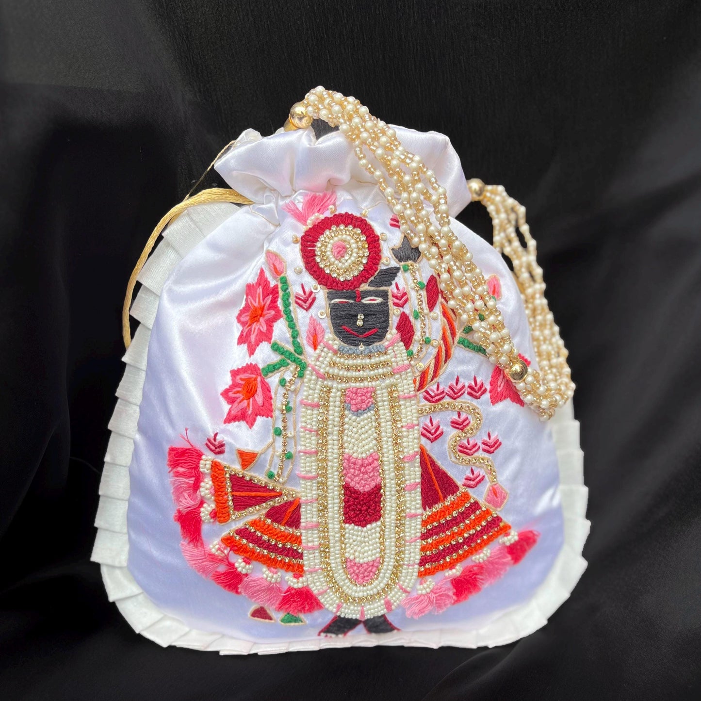 Hand Embroidered Shrinathji Potli Bag | White Pearl Beaded Bridal Drawstring Pouch for Weddings & Festive Wear