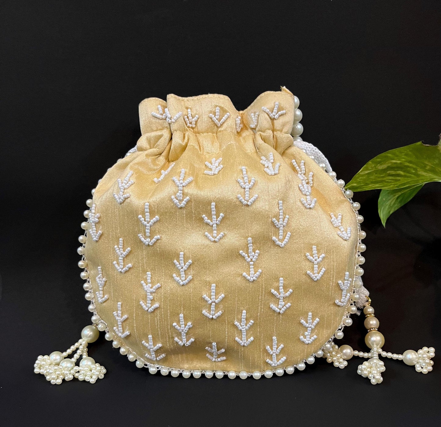 Beige Zardosi Potli Bag: Beaded Pearl Handle, Wedding Favor