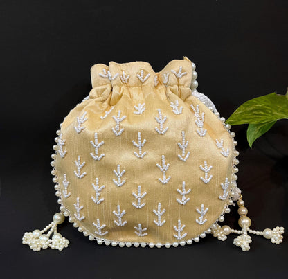 Beige Zardosi Potli Bag: Beaded Pearl Handle, Wedding Favor