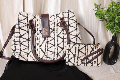 Black & Ivory Textured Tote Bag with Lock Closure | Handmade Geometric Fabric Shoulder Bag with Zipper Pouch