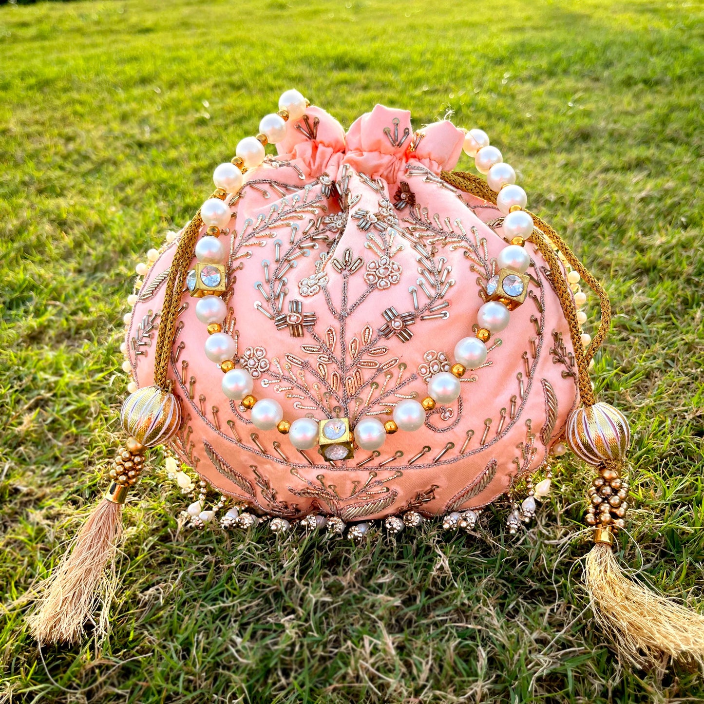 Peach Hand Embroidered Potli Bag with Pearl Handle | Bridal Beaded Drawstring Bag for Wedding & Festive Wear