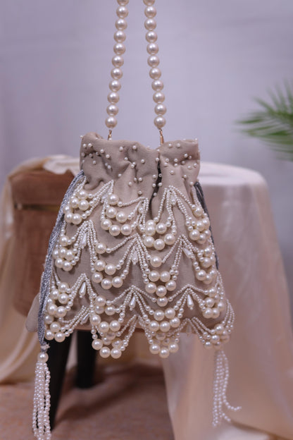 Luxury Pearl Beaded Potli Bag -Both Side| Handcrafted Beige Evening Clutch | Indian Wedding Purse | Bridal Party Bag | Handmade Gift for Her