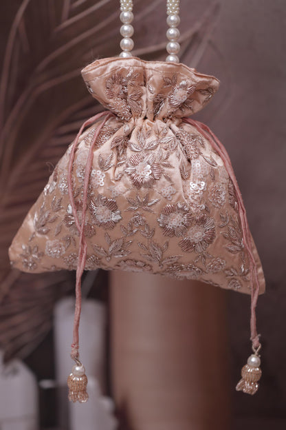 Luxury peach Gold Embroidered Pearl Handle Potli Bag – Bridal Wedding Clutch Purse