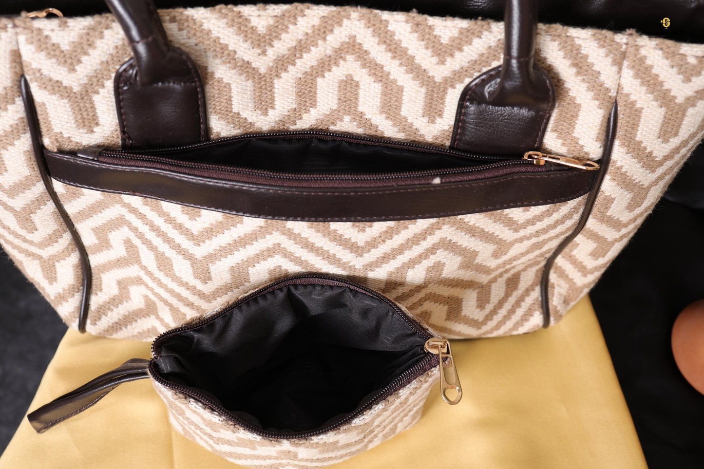 Beige Geometric Tote Bag with Zipper Pouch | Handmade Fabric Shoulder Bag for Daily Use, Work & Travel
