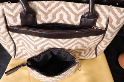 Beige Geometric Tote Bag with Zipper Pouch | Handmade Fabric Shoulder Bag for Daily Use, Work & Travel