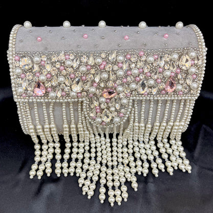 Luxury Pearl Fringe Bridal Clutch – Crystal Beaded Wedding & Party Handbag | Beige | Gray
