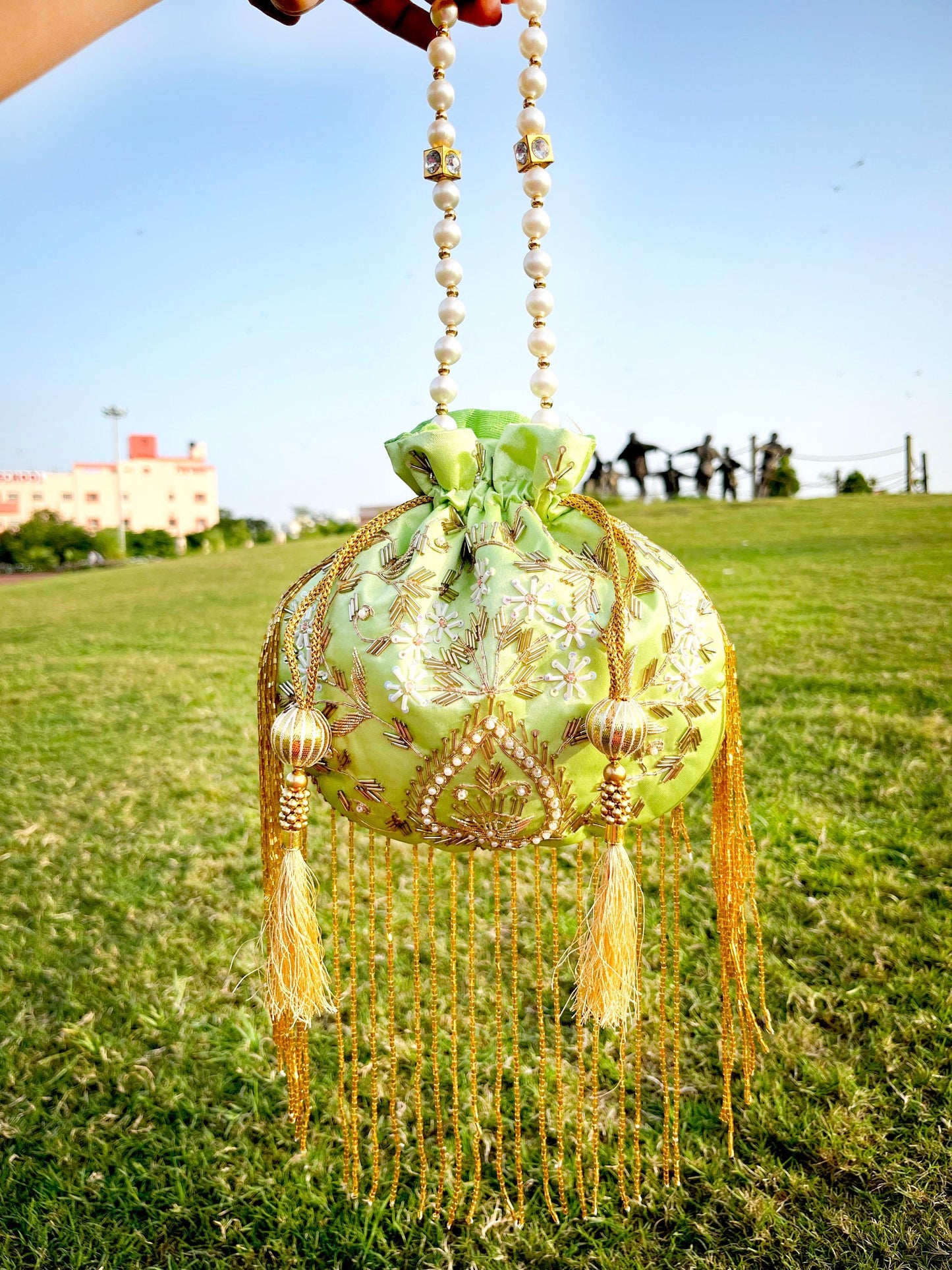 Mint Green Embroidered Pearl Potli Bag with Tassels – Handmade Bridal Potli