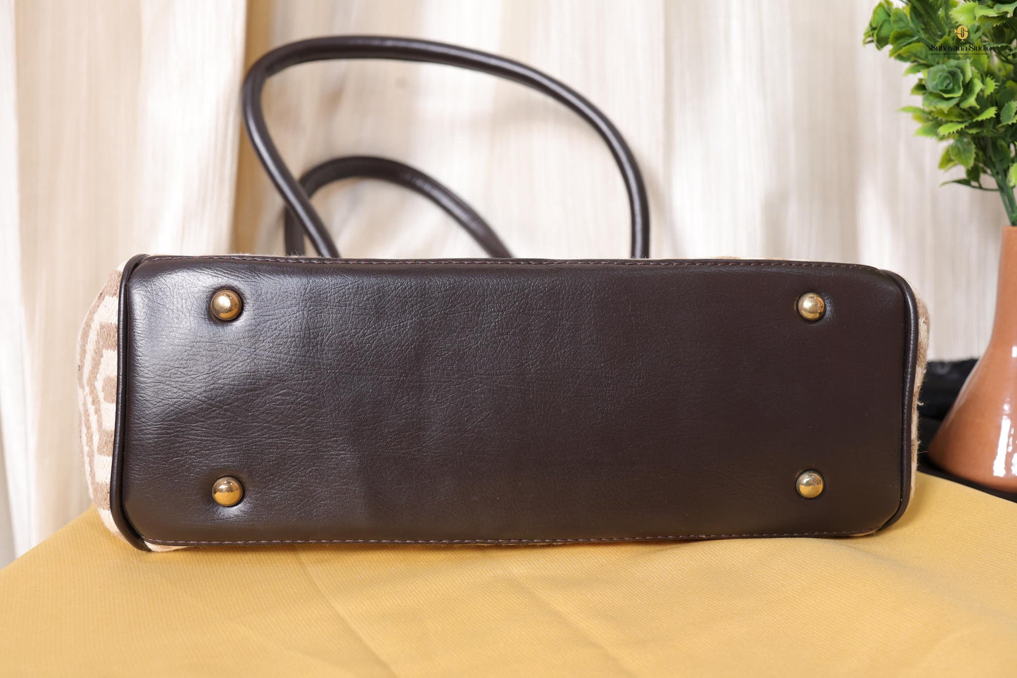 Beige Geometric Tote Bag with Zipper Pouch | Handmade Fabric Shoulder Bag for Daily Use, Work & Travel