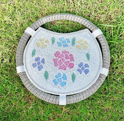 Handmade Beaded Floral Round Handbag with Metal Handle – Vintage Style Evening Bag
