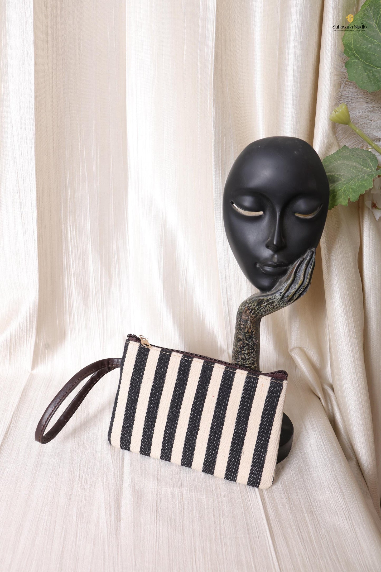 Handcrafted Black & Ivory Striped Tote Bag with Pouch for Everyday Use | Ayaana Creations
