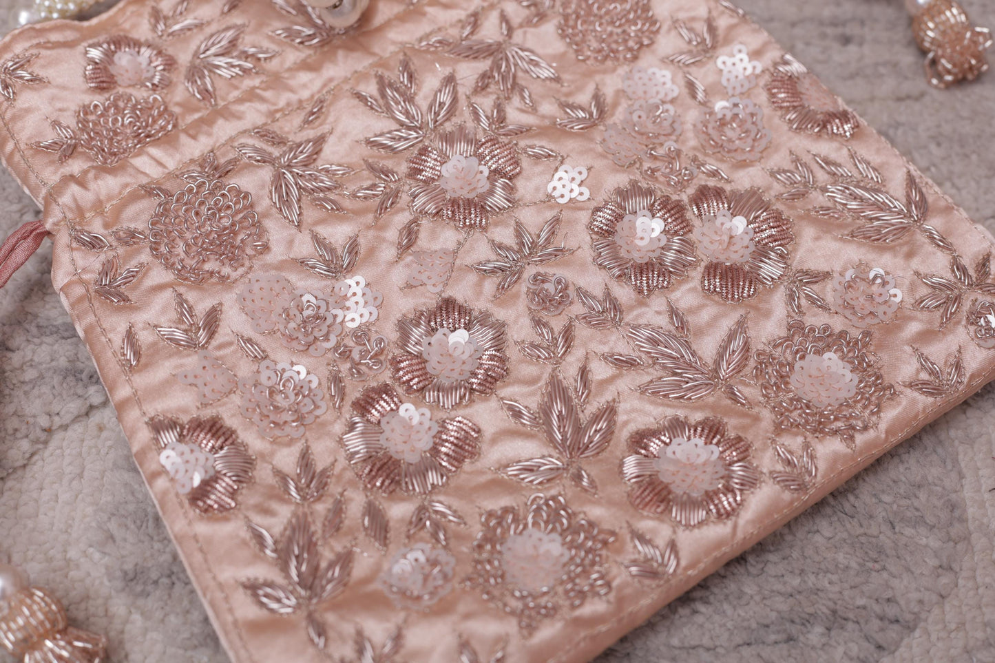 Luxury peach Gold Embroidered Pearl Handle Potli Bag – Bridal Wedding Clutch Purse