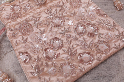 Luxury peach Gold Embroidered Pearl Handle Potli Bag – Bridal Wedding Clutch Purse