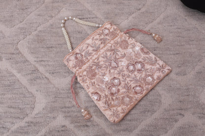 Luxury peach Gold Embroidered Pearl Handle Potli Bag – Bridal Wedding Clutch Purse