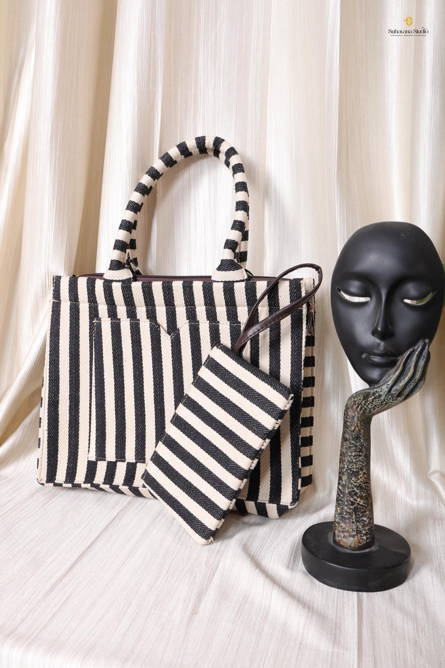 Handcrafted Black & Ivory Striped Tote Bag with Pouch for Everyday Use | Ayaana Creations