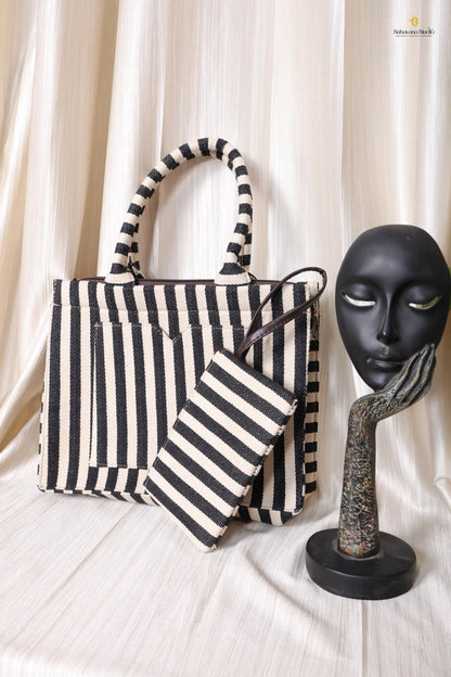 Handcrafted Black & Ivory Striped Tote Bag with Pouch for Everyday Use | Ayaana Creations