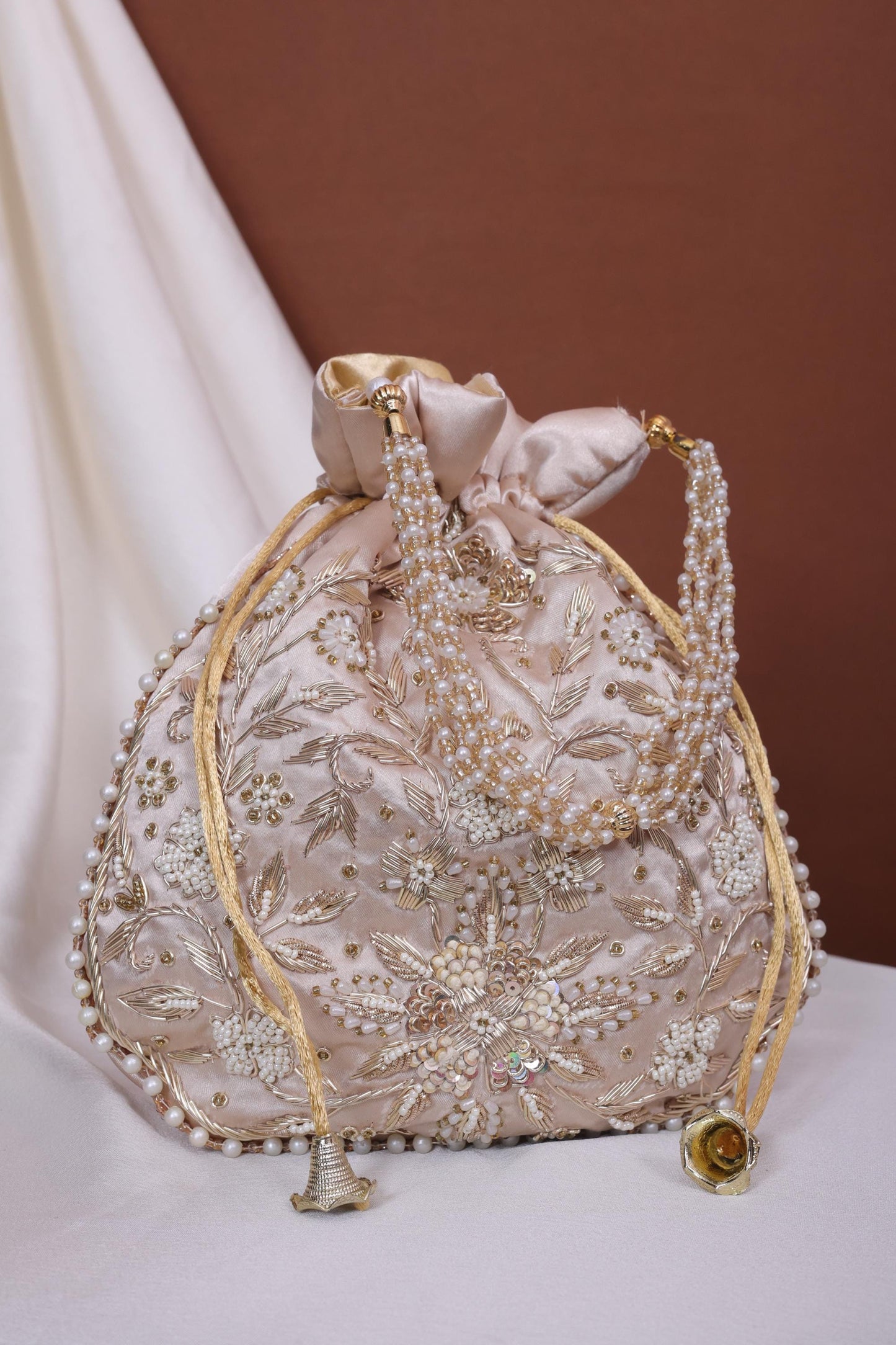 Champagne Gold Pearl Handle Embroidered Potli Bag