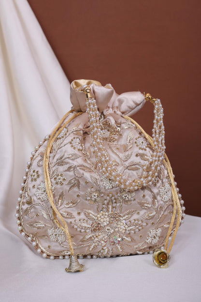 Champagne Gold Pearl Handle Embroidered Potli Bag