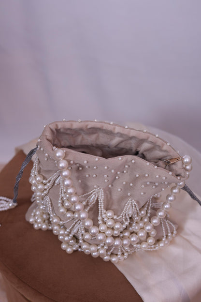 Luxury Pearl Beaded Potli Bag -Both Side| Handcrafted Beige Evening Clutch | Indian Wedding Purse | Bridal Party Bag | Handmade Gift for Her