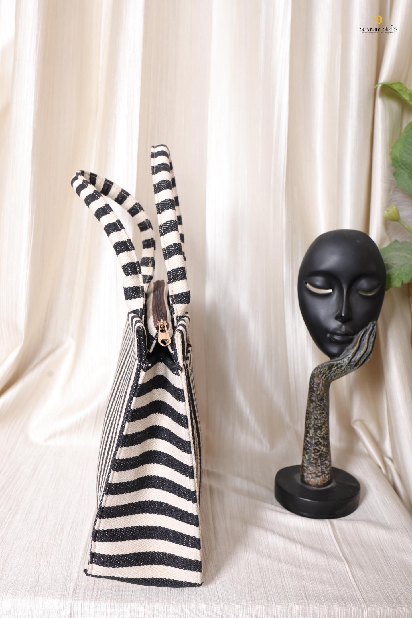 Handcrafted Black & Ivory Striped Tote Bag with Pouch for Everyday Use | Ayaana Creations