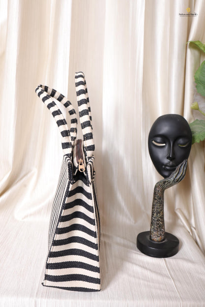 Handcrafted Black & Ivory Striped Tote Bag with Pouch for Everyday Use | Ayaana Creations