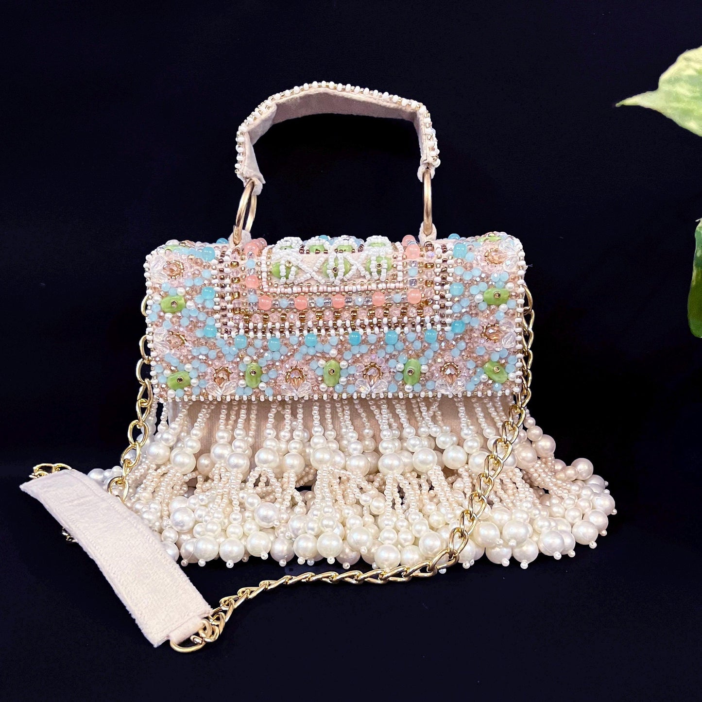Handmade Beaded Pearl Fringe Clutch Bag | Mermaid Box Bag | Designer Wedding Handbag | Bridal Party Purse with Chain Strap | Luxury Evening Shoulder Bag