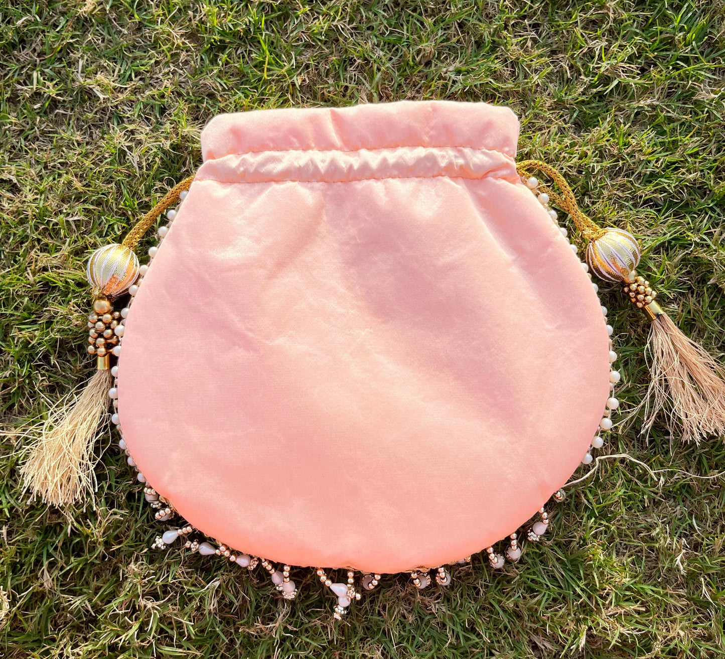 Peach Hand Embroidered Potli Bag with Pearl Handle | Bridal Beaded Drawstring Bag for Wedding & Festive Wear