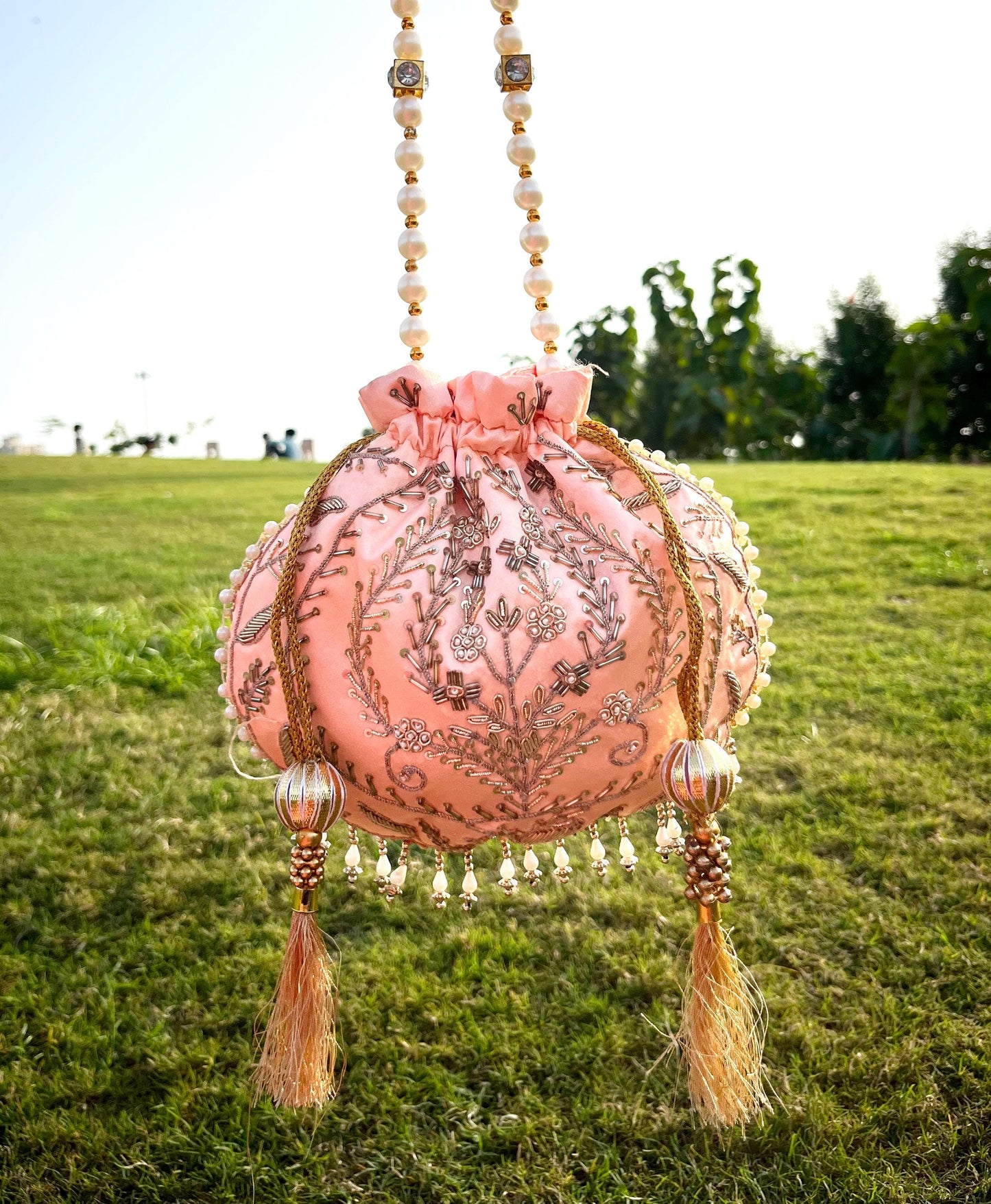 Peach Hand Embroidered Potli Bag with Pearl Handle | Bridal Beaded Drawstring Bag for Wedding & Festive Wear