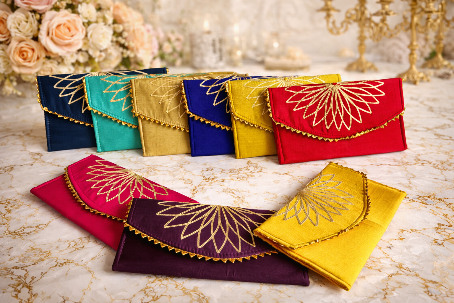 Colorful fabric envelopes with gold embroidery