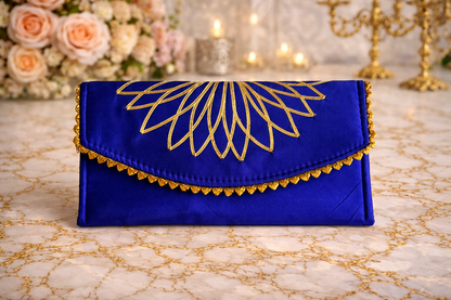 Blue clutch bag with gold embroidery 
