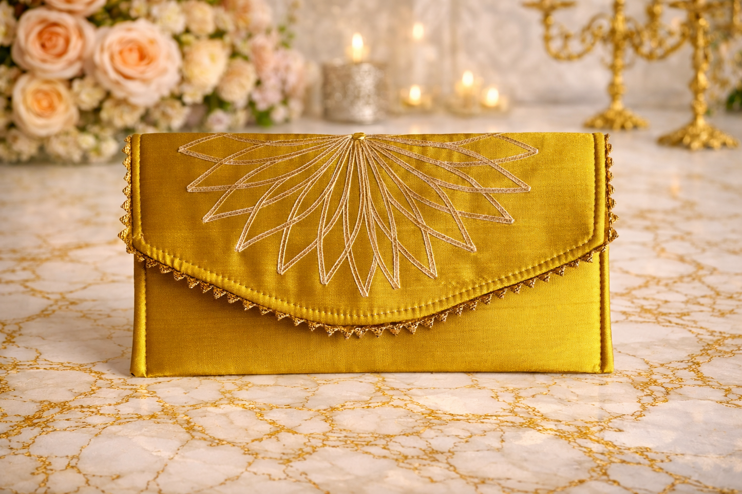 Mustard clutch with intricate design 