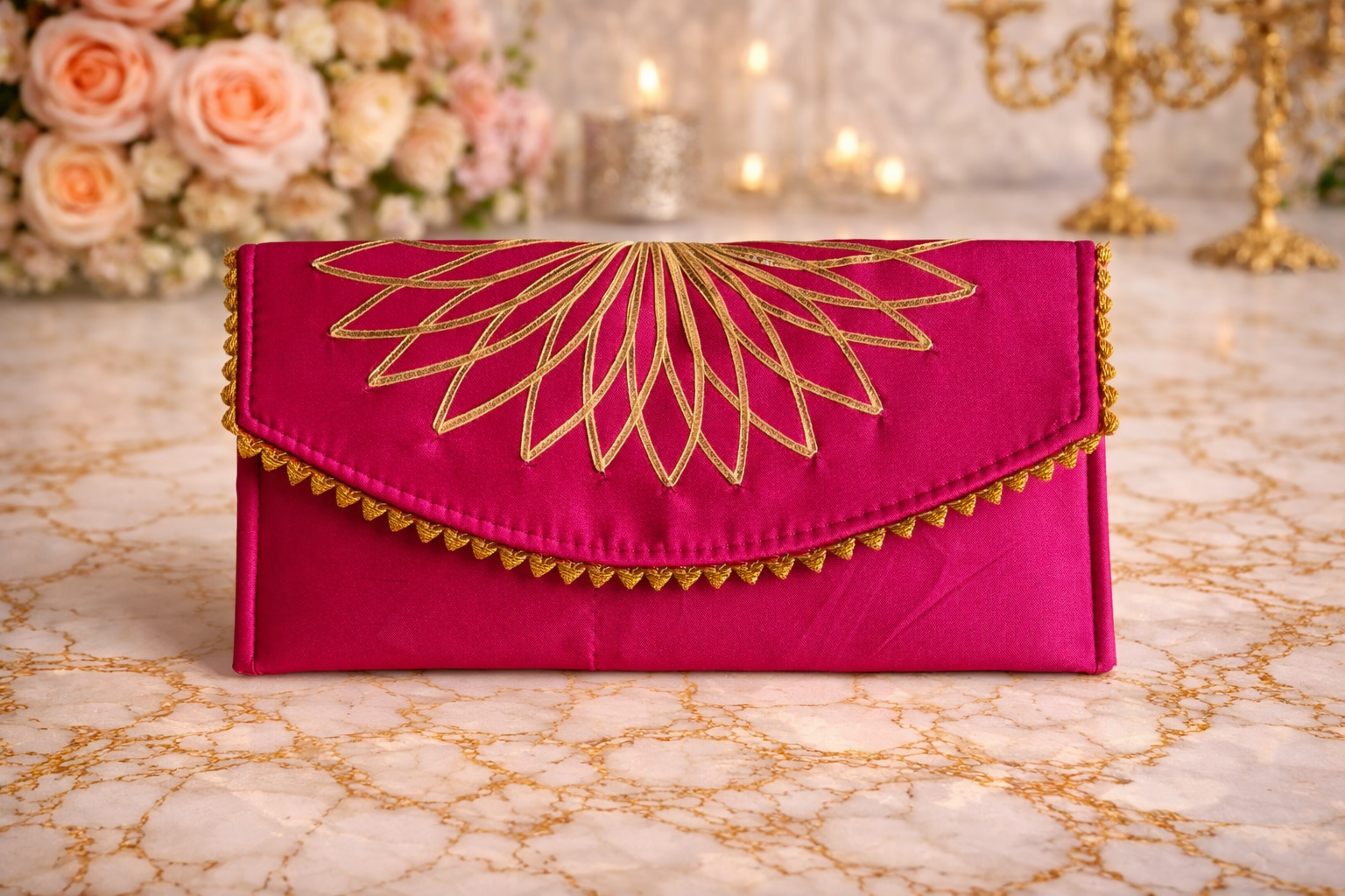 Pink clutch with gold embroidery 