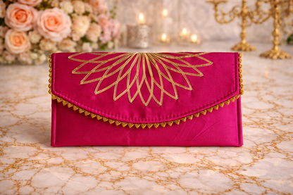 Pink clutch with gold embroidery 