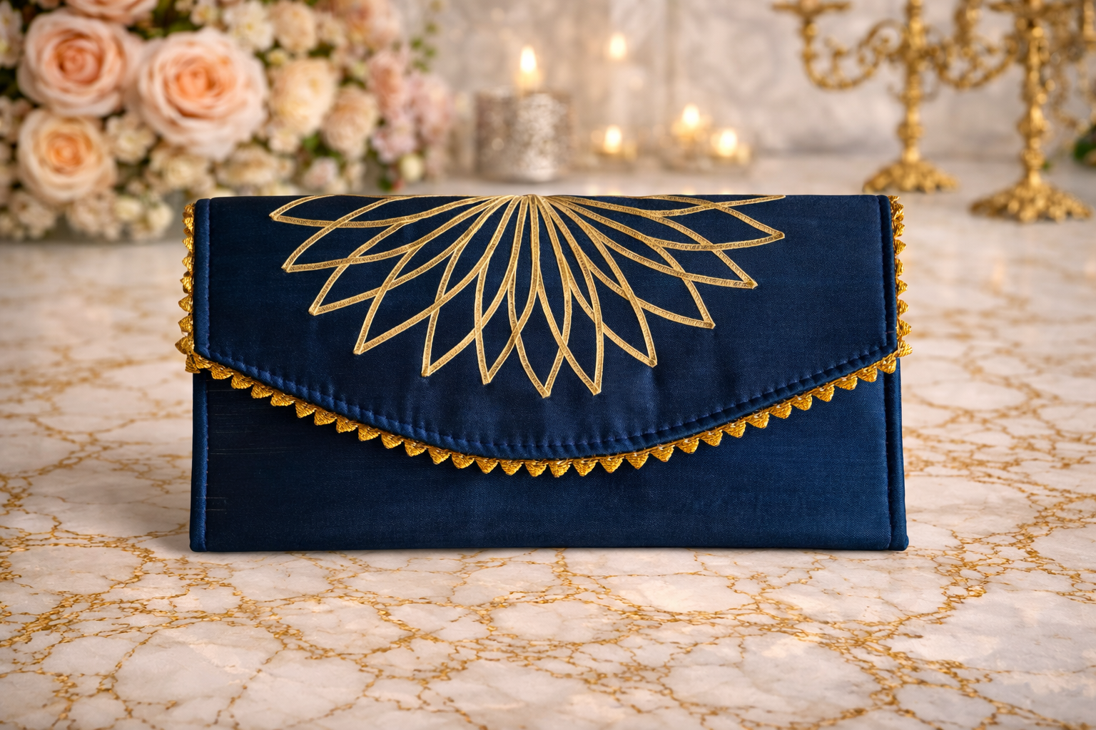 Navy blue clutch with gold embroidery 