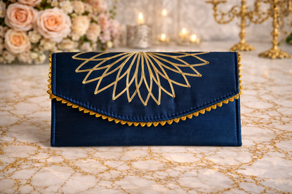 Navy blue clutch with gold embroidery 