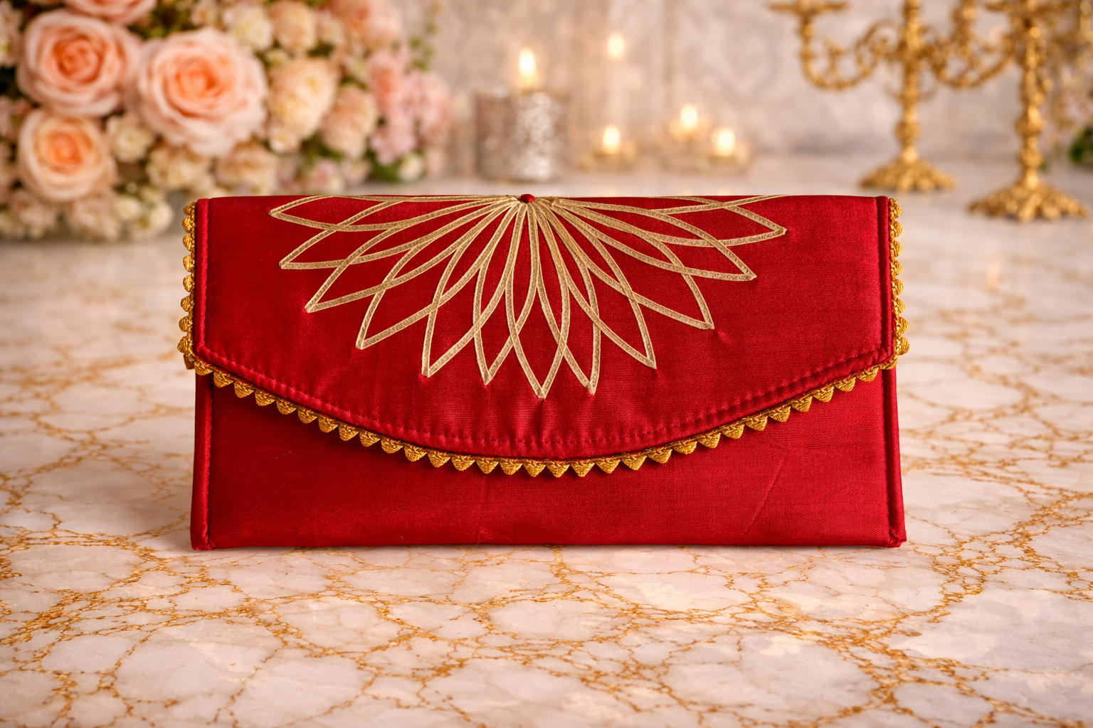 Red clutch with gold embroidery 