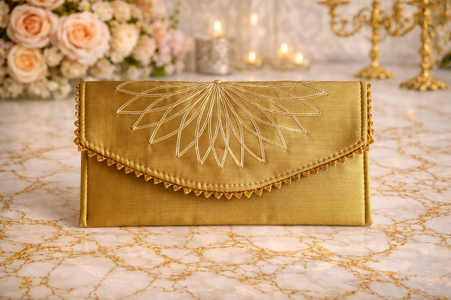 Gold clutch bag with intricate design 