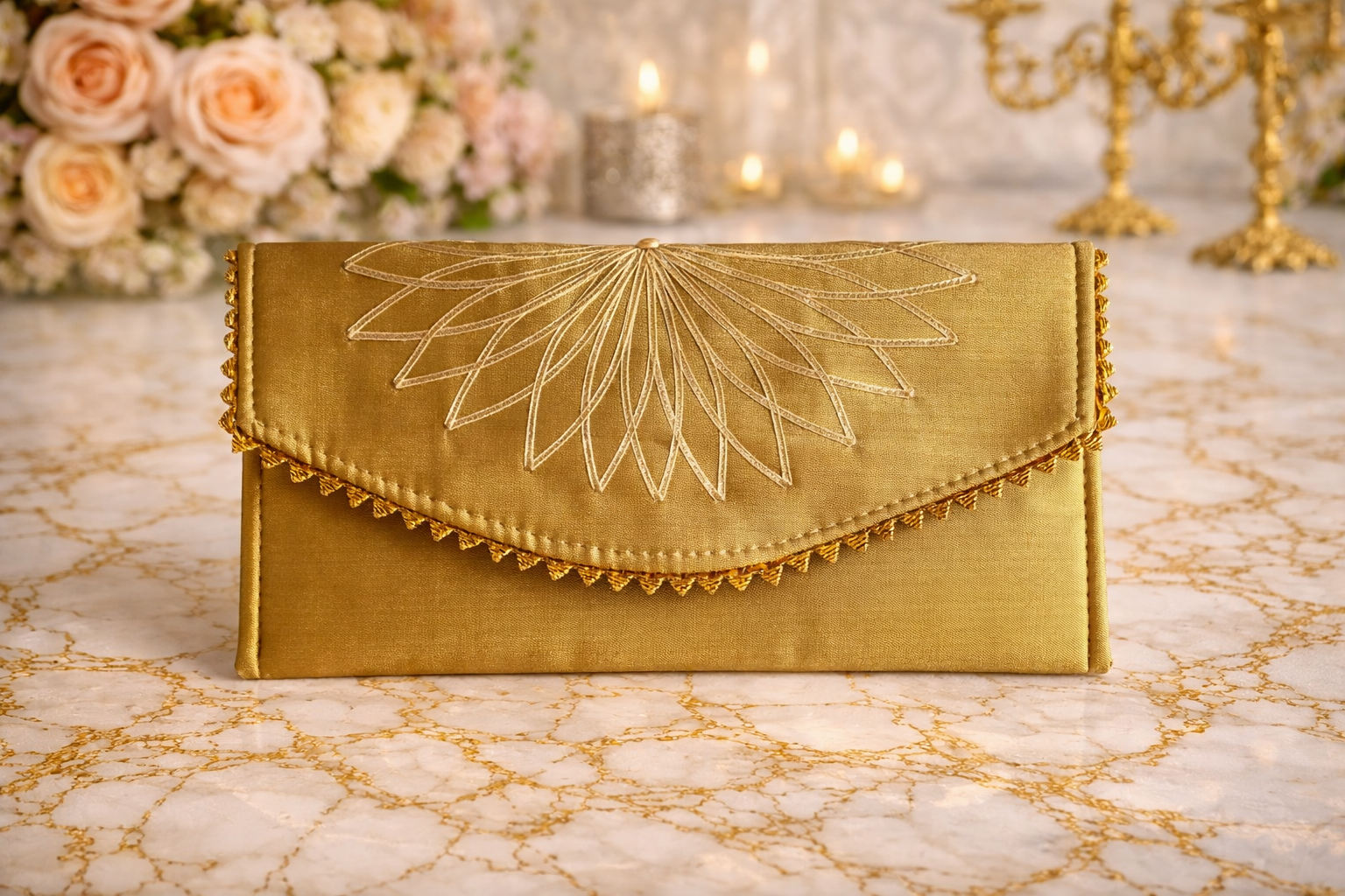 Gold clutch bag with intricate design 