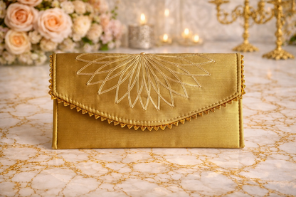 Gold clutch bag with intricate design 