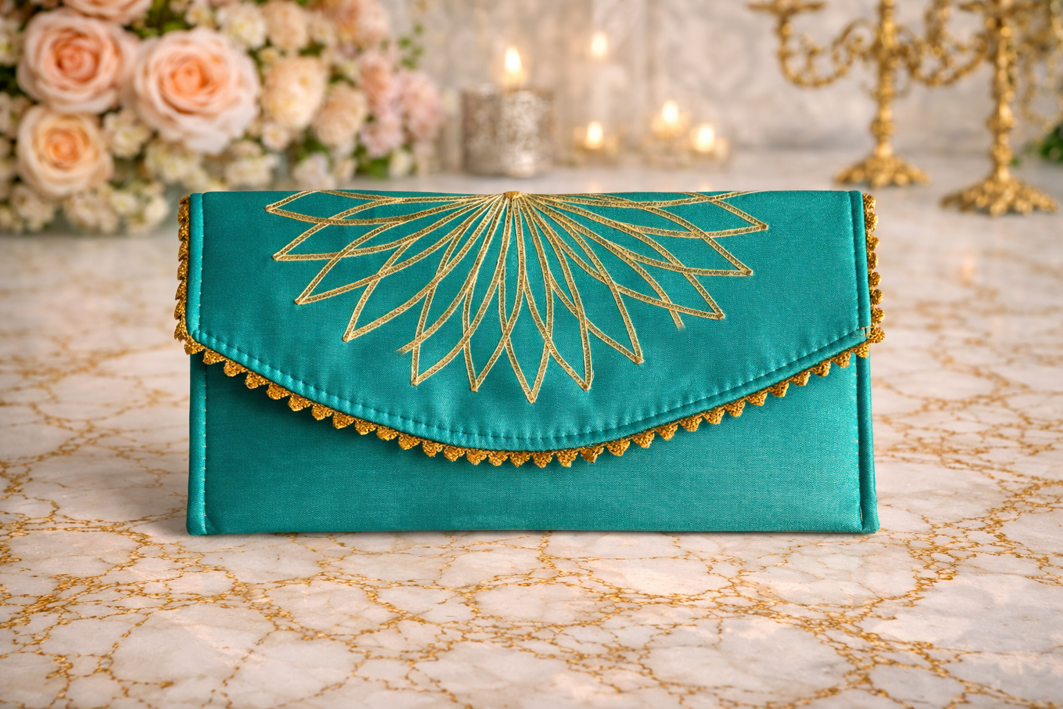 Teal clutch with gold embroidery 
